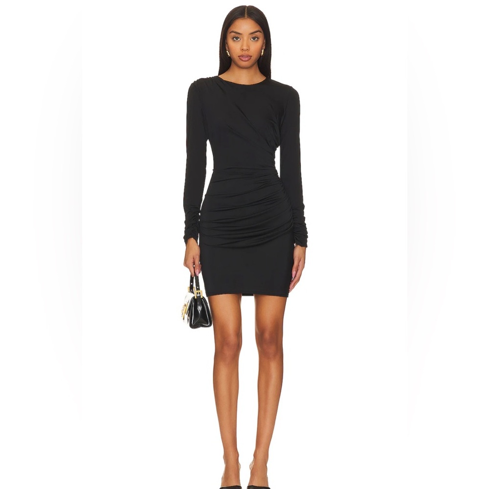 Revolve Krisa NWT Ruched Long Sleeve Dress in Black S